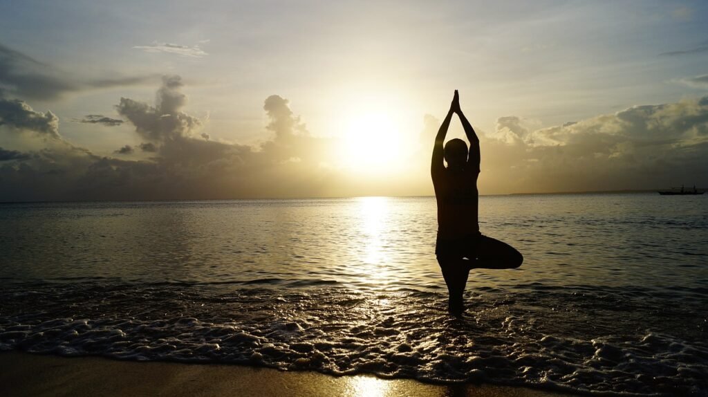 beach, yoga, sunset, silhouette, person, yoga pose, shore, seashore, sea, nature, ocean, meditate, meditation, pose, balance, calm, tranquil